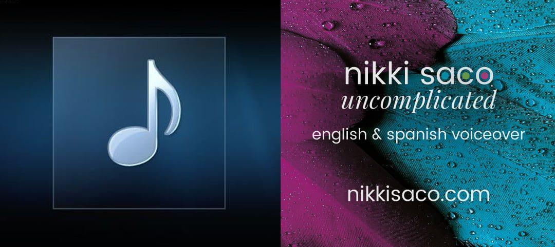 NikkiSaco.com voiceover cover art - teal and maroon features - decorative