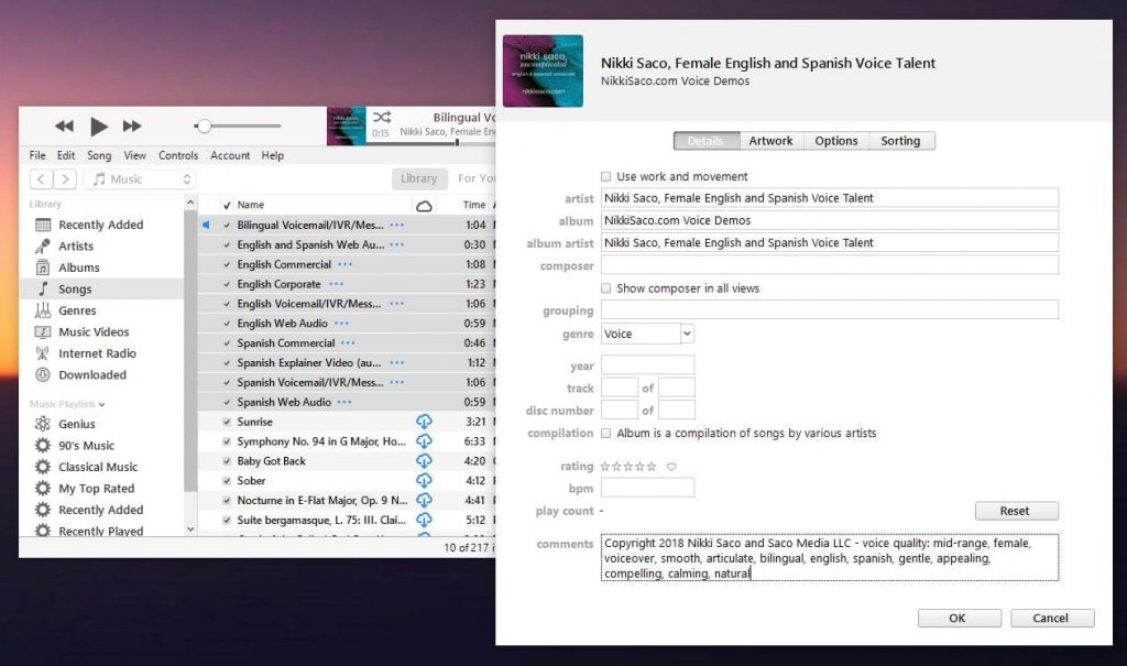 Adding ID3 tags and voiceover demo details through iTunes